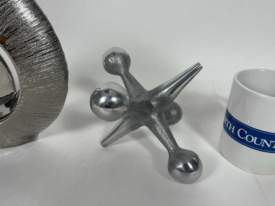 Silver Tone Home Decor Lot Featuring Two Metal Jacks And Silver Ceramic Sculpture [Photo 7]