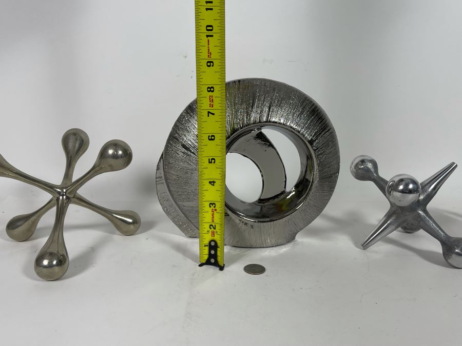 Silver Tone Home Decor Lot Featuring Two Metal Jacks And Silver Ceramic Sculpture [Photo 8]