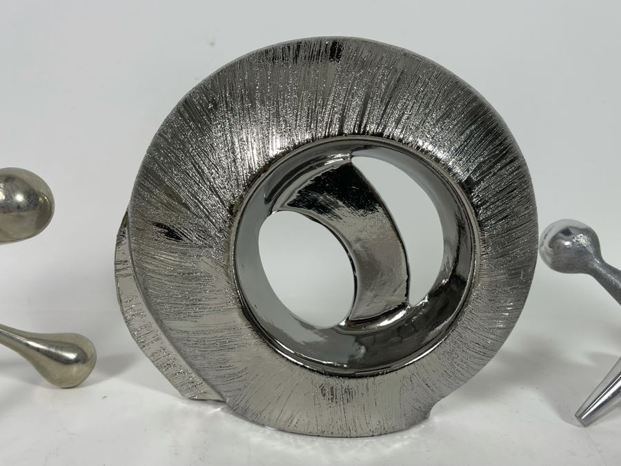 Silver Tone Home Decor Lot Featuring Two Metal Jacks And Silver Ceramic Sculpture [Photo 6]