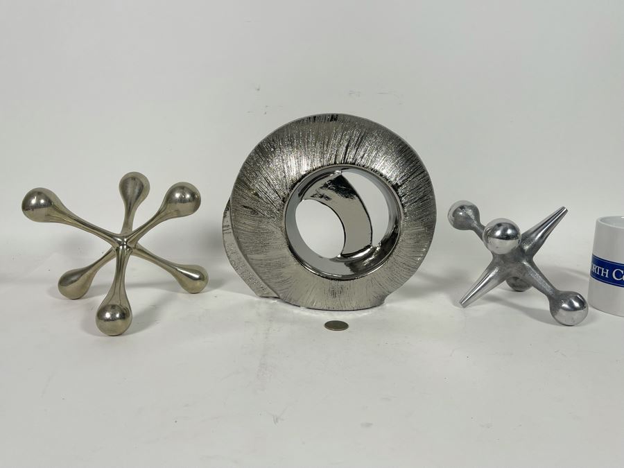 Silver Tone Home Decor Lot Featuring Two Metal Jacks And Silver Ceramic Sculpture [Photo 2]