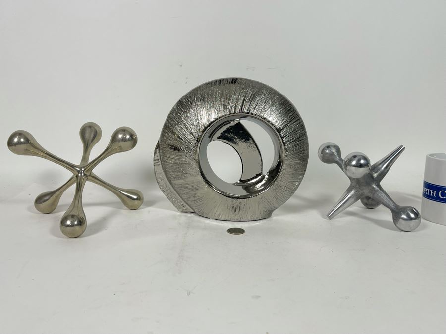 Silver Tone Home Decor Lot Featuring Two Metal Jacks And Silver Ceramic Sculpture [Photo 4]