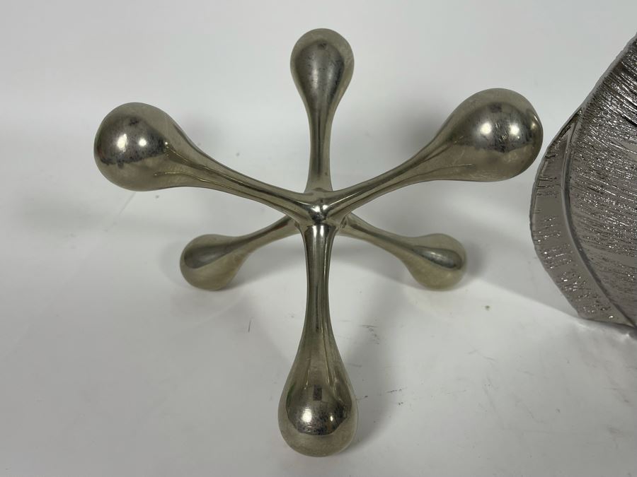 Silver Tone Home Decor Lot Featuring Two Metal Jacks And Silver Ceramic Sculpture [Photo 5]