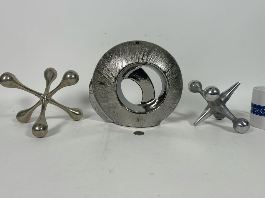 Silver Tone Home Decor Lot Featuring Two Metal Jacks And Silver Ceramic Sculpture [Photo 3]