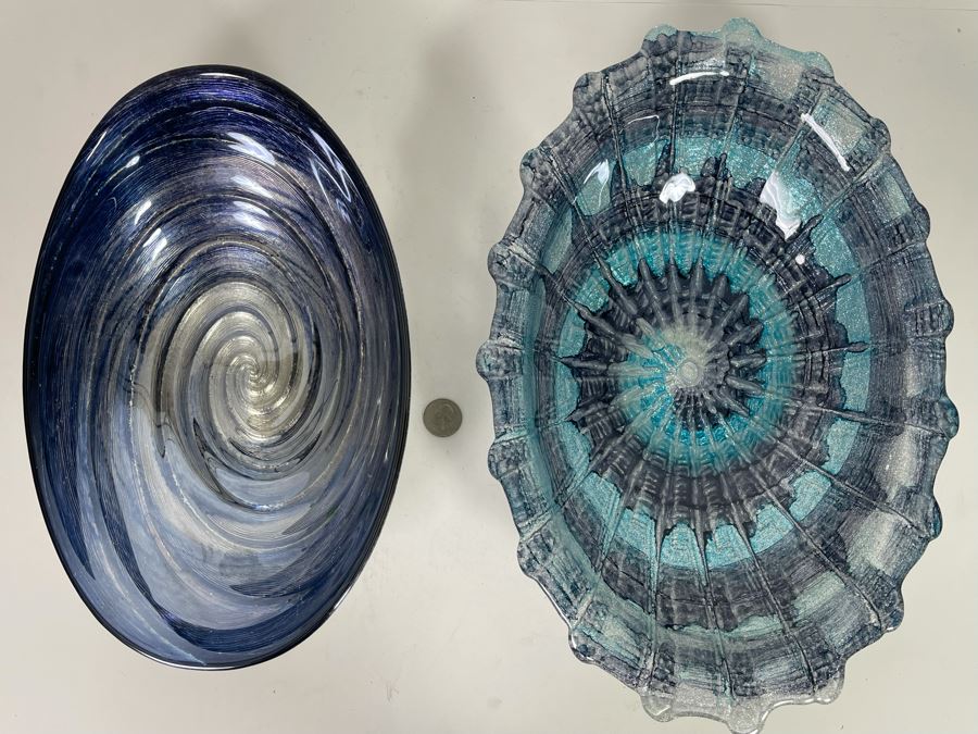 Pair Of Blue Tone Glass Bowls 13 And 15W [Photo 3]