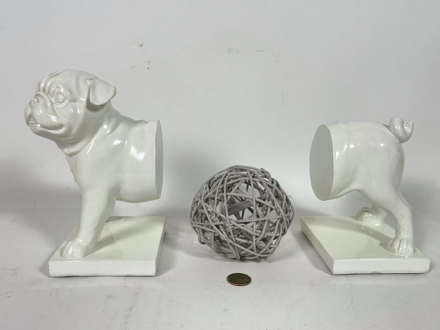 White Pug Bulldog Bookends 8H With Wicker Ball [Photo 3]