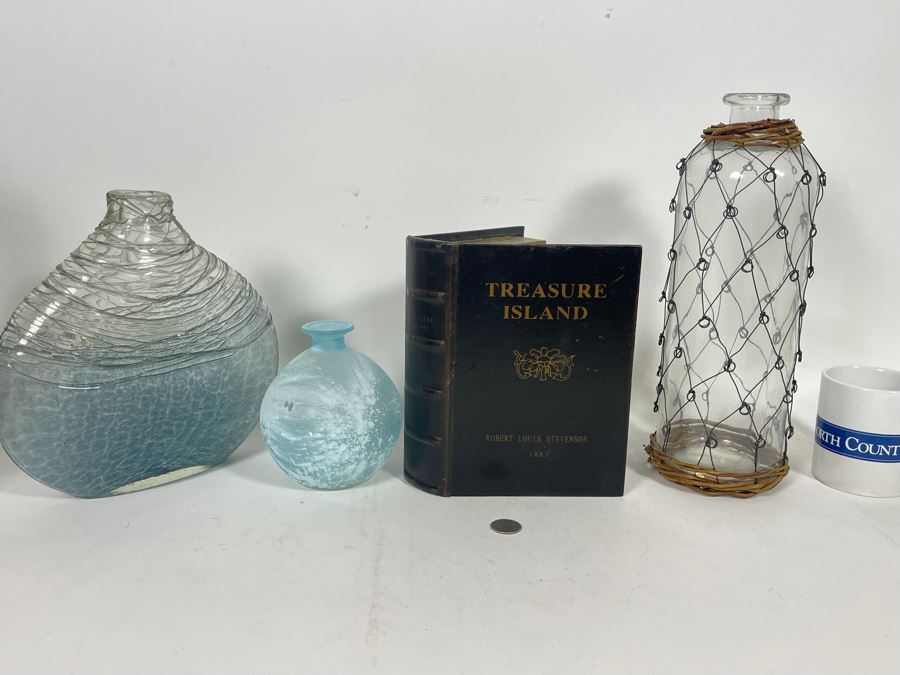 Nautical Home Decor Lot Featuring Glass Bottles And Treasure Island Faux Book Safe [Photo 4]