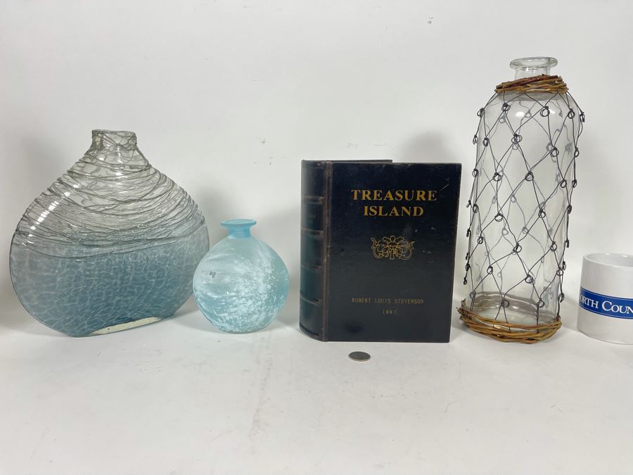 Nautical Home Decor Lot Featuring Glass Bottles And Treasure Island Faux Book Safe [Photo 10]