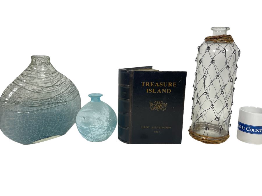 Nautical Home Decor Lot Featuring Glass Bottles And Treasure Island Faux Book Safe