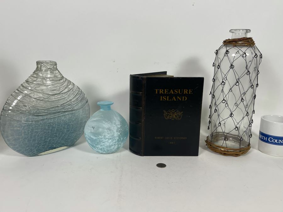 Nautical Home Decor Lot Featuring Glass Bottles And Treasure Island Faux Book Safe [Photo 3]
