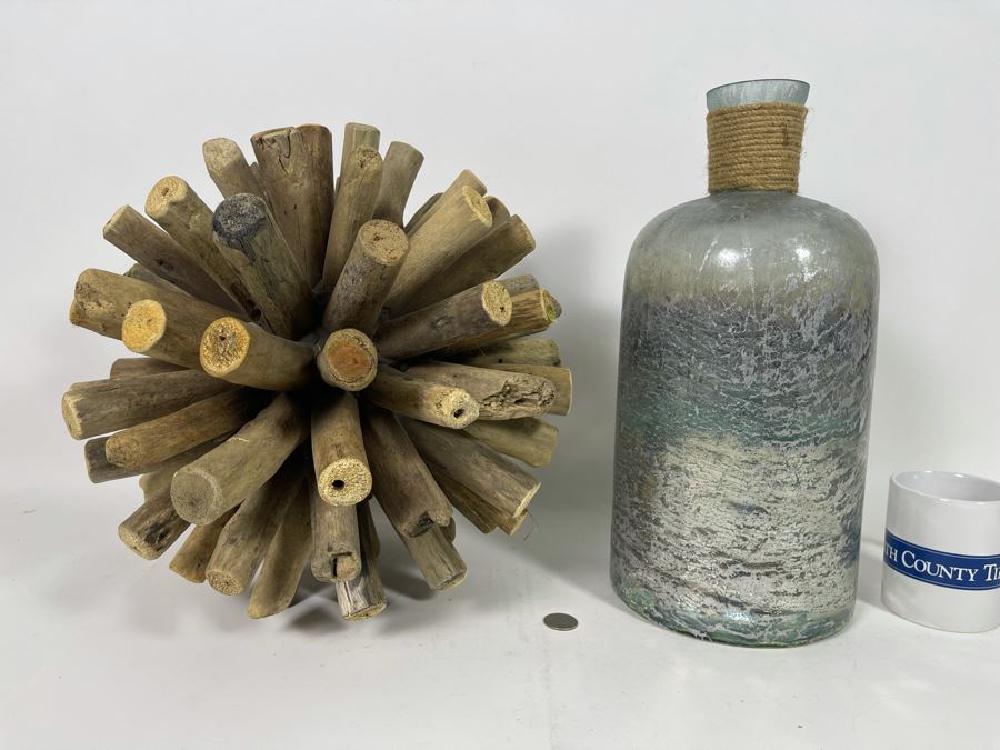 Wooden Sculpture And Glass Rope Vase 15H [Photo 2]