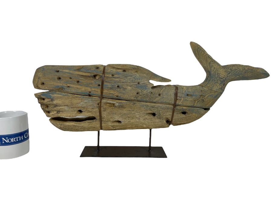 Wooden And Metal Whale Sculpture 21.5”L