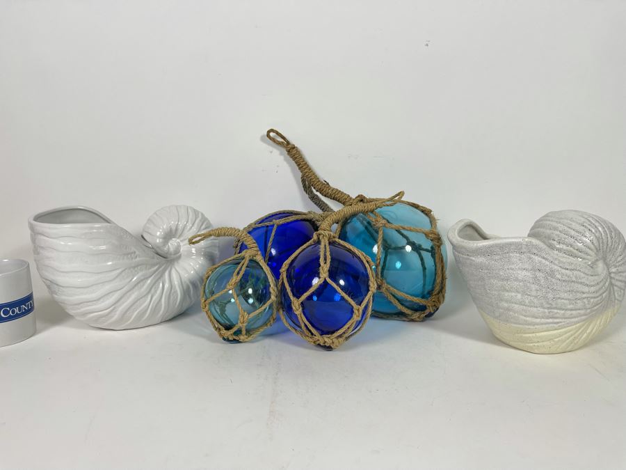 Decorative Glass Fishing Floats And Pair Of Faux Nautilus Shells [Photo 2]