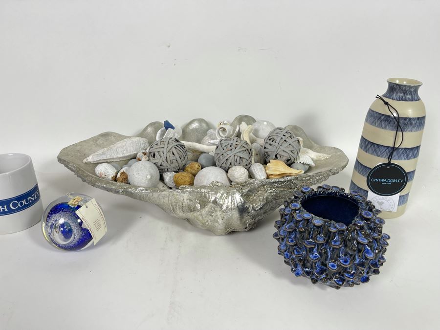 Large Centerpiece Faux Shell With Nautical Decorations, Pair Of Vases And Glass Paperweight [Photo 2]