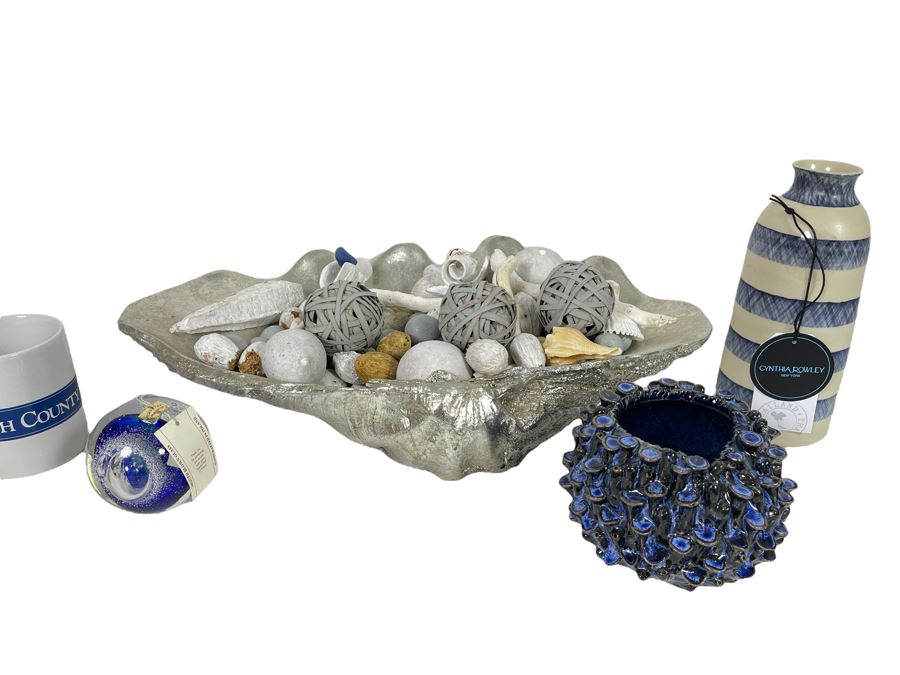 JUST ADDED - Large Centerpiece Faux Shell With Nautical Decorations, Pair Of Vases And Glass Paperweight [Photo 1]