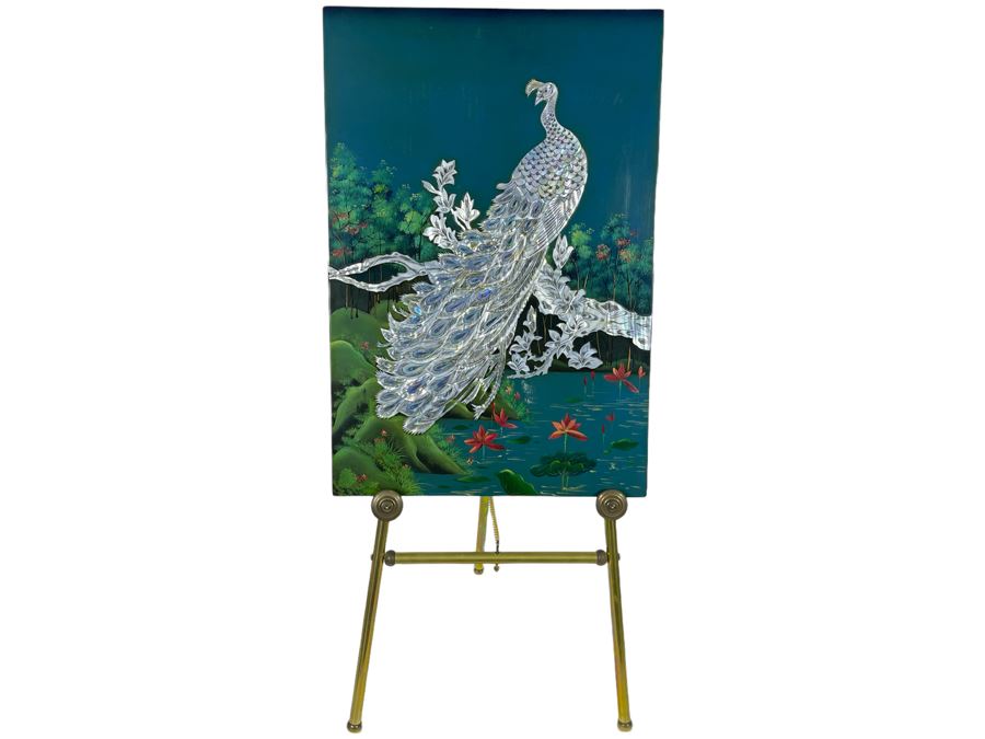 Vintage Mother Of Pearl Inlay Peacock Painting From Saigon, Vietnam Ho Chi Minh City With Brass Stand 15.5W X 23H [Photo 2]