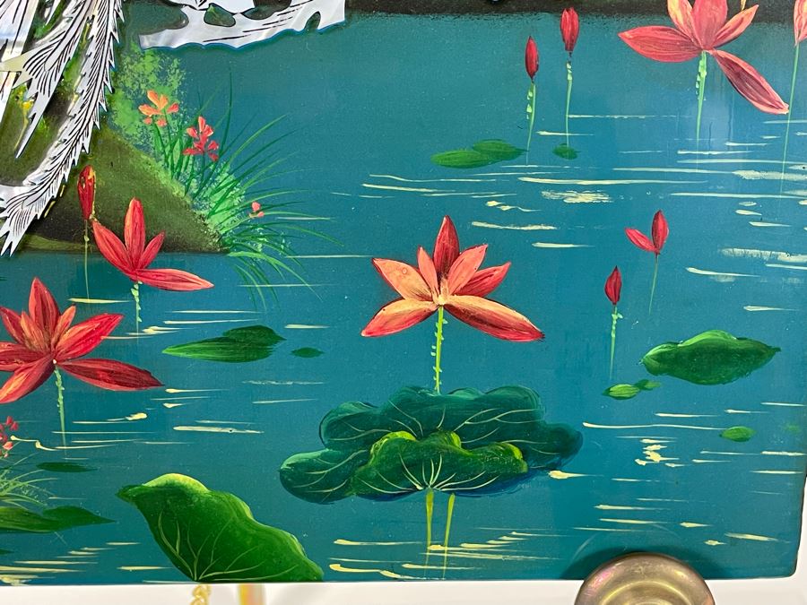 Vintage Mother Of Pearl Inlay Peacock Painting From Saigon, Vietnam Ho Chi Minh City With Brass Stand 15.5W X 23H [Photo 5]