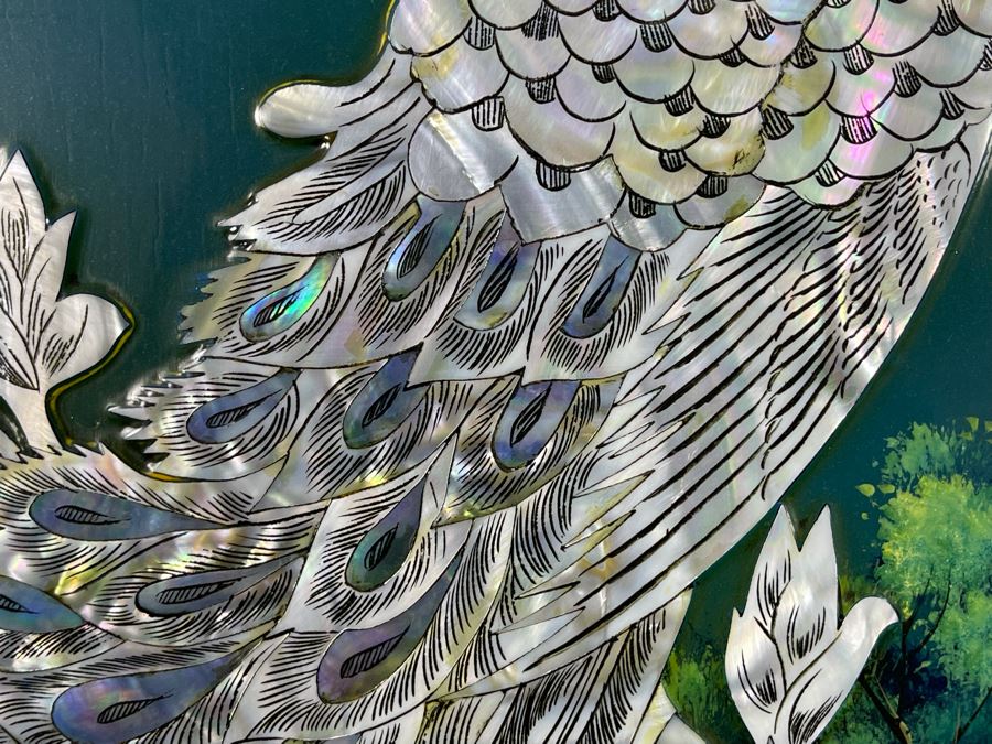 Vintage Mother Of Pearl Inlay Peacock Painting From Saigon, Vietnam Ho Chi Minh City With Brass Stand 15.5W X 23H [Photo 4]