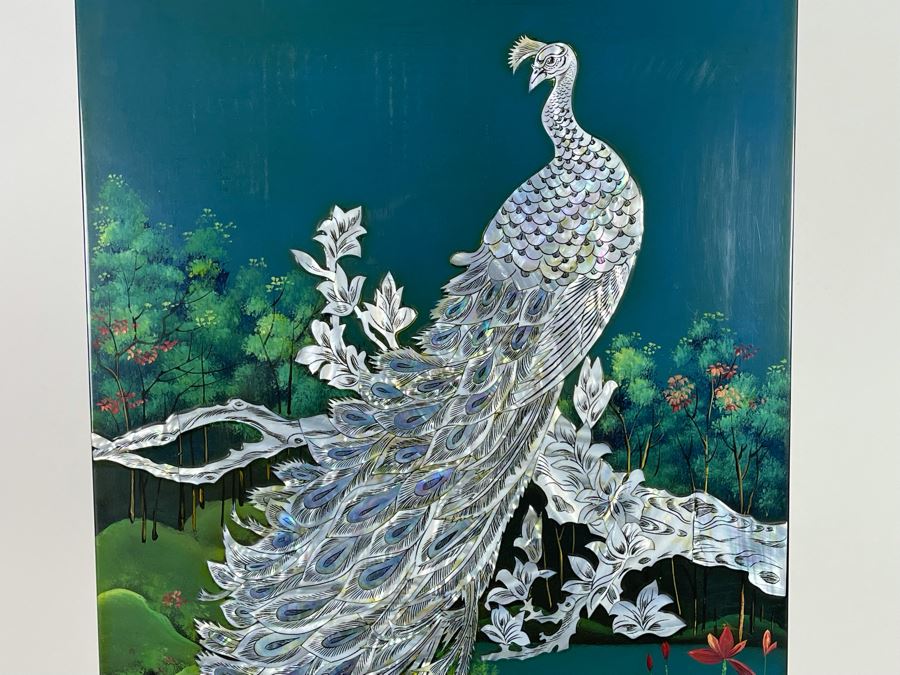 Vintage Mother Of Pearl Inlay Peacock Painting From Saigon, Vietnam Ho Chi Minh City With Brass Stand 15.5W X 23H [Photo 3]