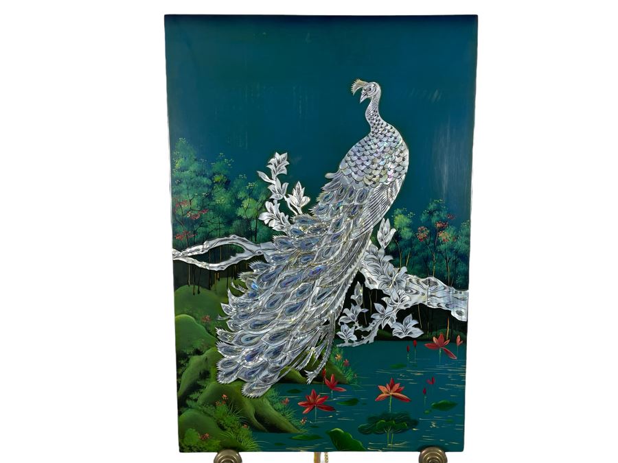 Vintage Mother Of Pearl Inlay Peacock Painting From Saigon, Vietnam Ho Chi Minh City With Brass Stand 15.5W X 23H
