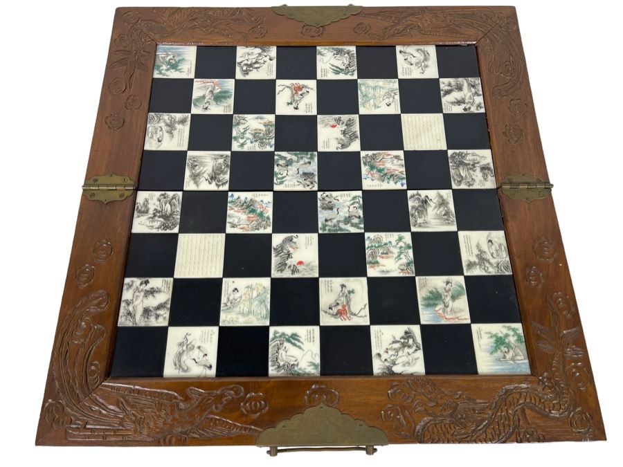 Custom Chinese Portable Chess Board With Individually Carved Scenes And Pieces 18W X 18D - See Photos