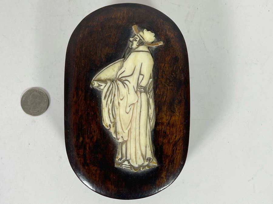 Vintage Chinese Wooden Box With Carved Man Figure 4W X 6D [Photo 3]