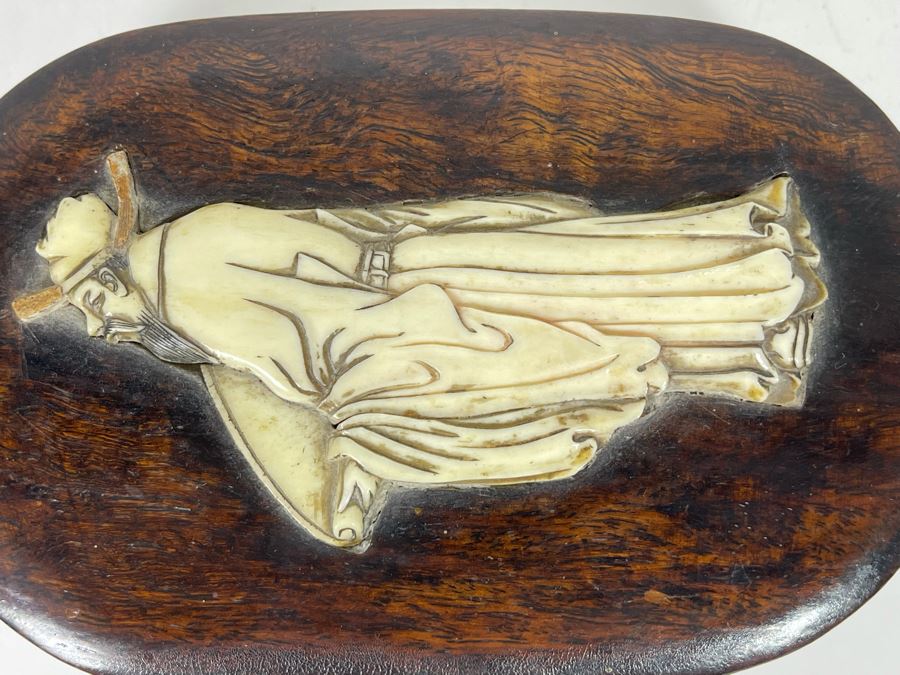 Vintage Chinese Wooden Box With Carved Man Figure 4W X 6D [Photo 6]