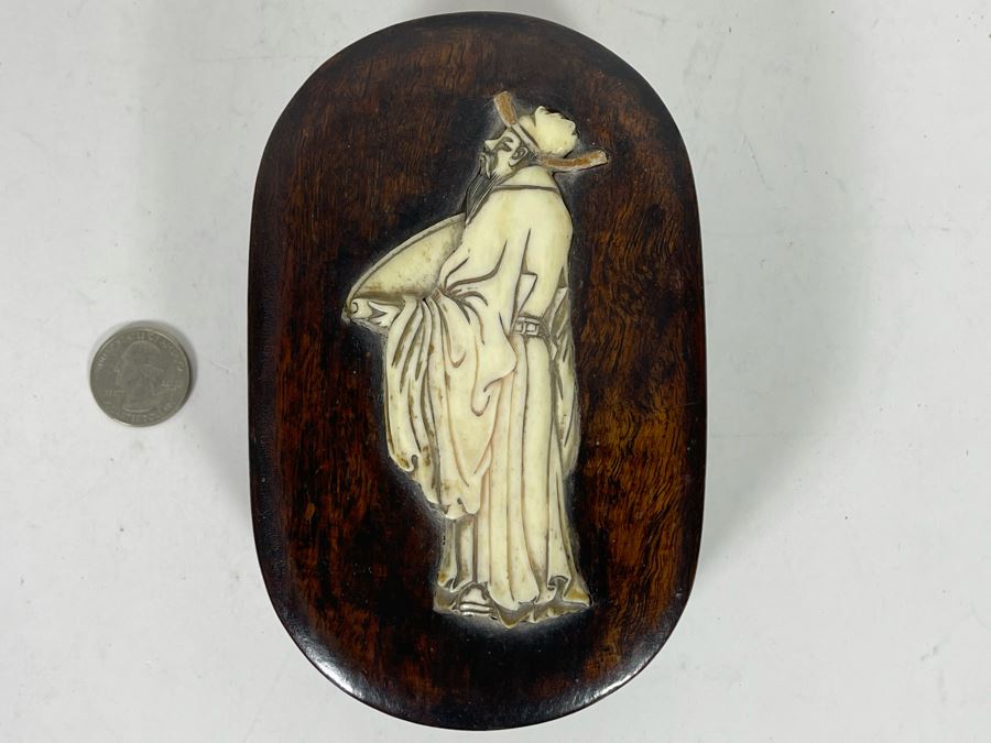 Vintage Chinese Wooden Box With Carved Man Figure 4W X 6D [Photo 2]
