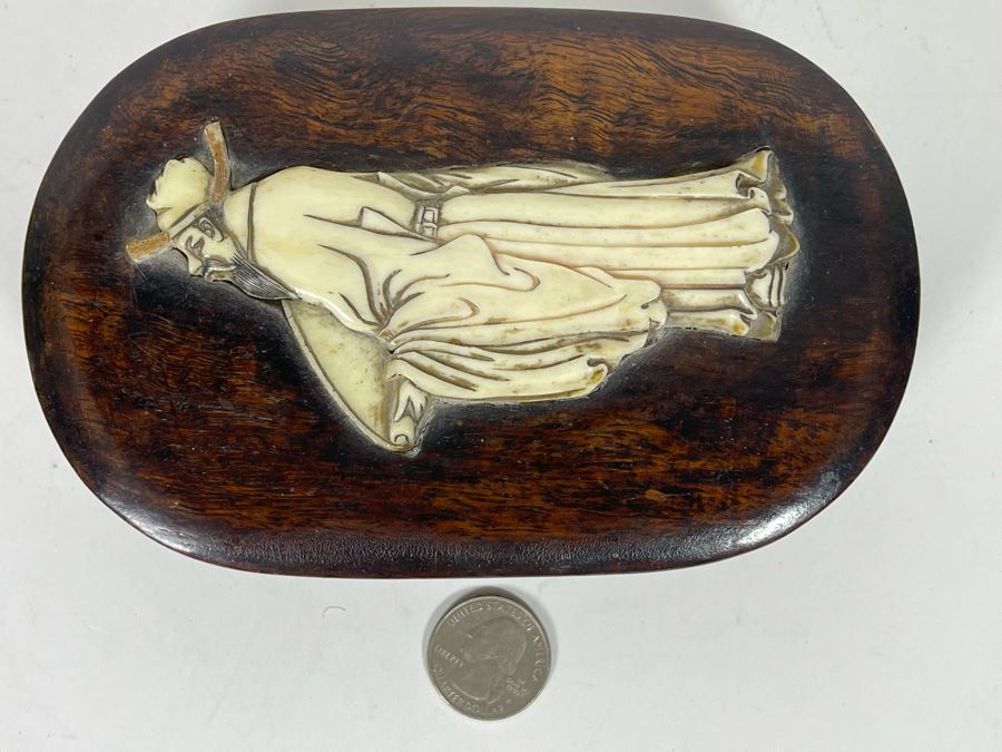 Vintage Chinese Wooden Box With Carved Man Figure 4W X 6D [Photo 5]