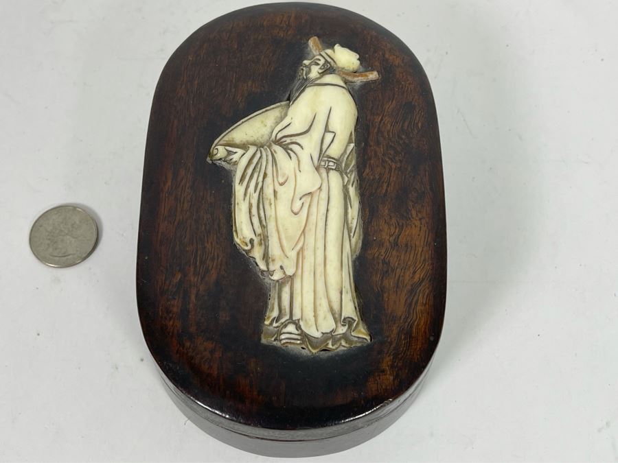 Vintage Chinese Wooden Box With Carved Man Figure 4W X 6D [Photo 4]