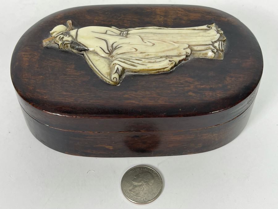 Vintage Chinese Wooden Box With Carved Man Figure 4W X 6D [Photo 7]