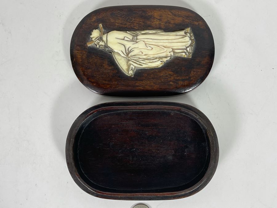 Vintage Chinese Wooden Box With Carved Man Figure 4W X 6D