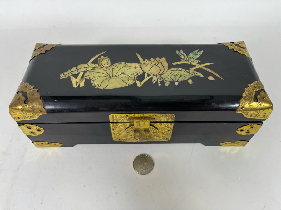 Vintage Chinese Lacquer Mother Of Pearl Inlay Jewelry Box With Brass Accents 10W X 4D X 3.5H [Photo 4]