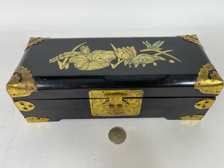 Vintage Chinese Lacquer Mother Of Pearl Inlay Jewelry Box With Brass Accents 10W X 4D X 3.5H [Photo 2]