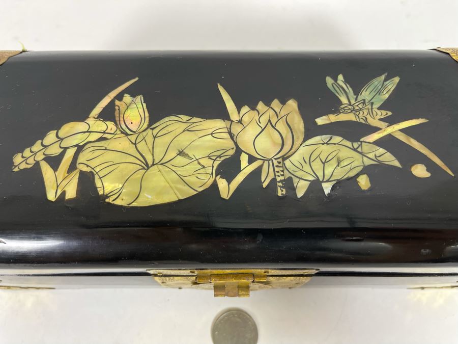 Vintage Chinese Lacquer Mother Of Pearl Inlay Jewelry Box With Brass Accents 10W X 4D X 3.5H [Photo 6]