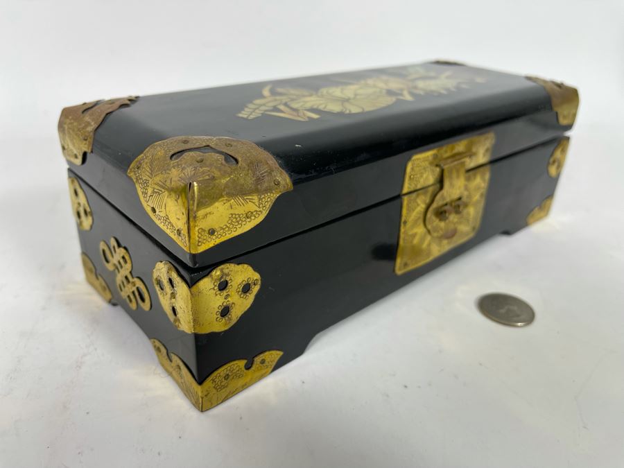 Vintage Chinese Lacquer Mother Of Pearl Inlay Jewelry Box With Brass Accents 10W X 4D X 3.5H [Photo 9]