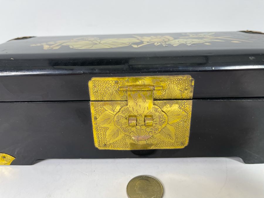 Vintage Chinese Lacquer Mother Of Pearl Inlay Jewelry Box With Brass Accents 10W X 4D X 3.5H [Photo 7]