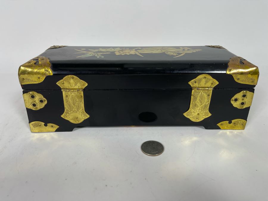 Vintage Chinese Lacquer Mother Of Pearl Inlay Jewelry Box With Brass Accents 10W X 4D X 3.5H [Photo 10]