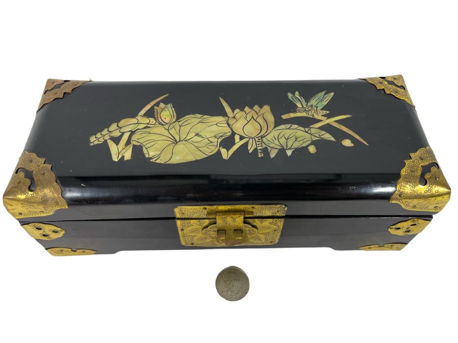 Vintage Chinese Lacquer Mother Of Pearl Inlay Jewelry Box With Brass Accents 10W X 4D X 3.5H [Photo 1]