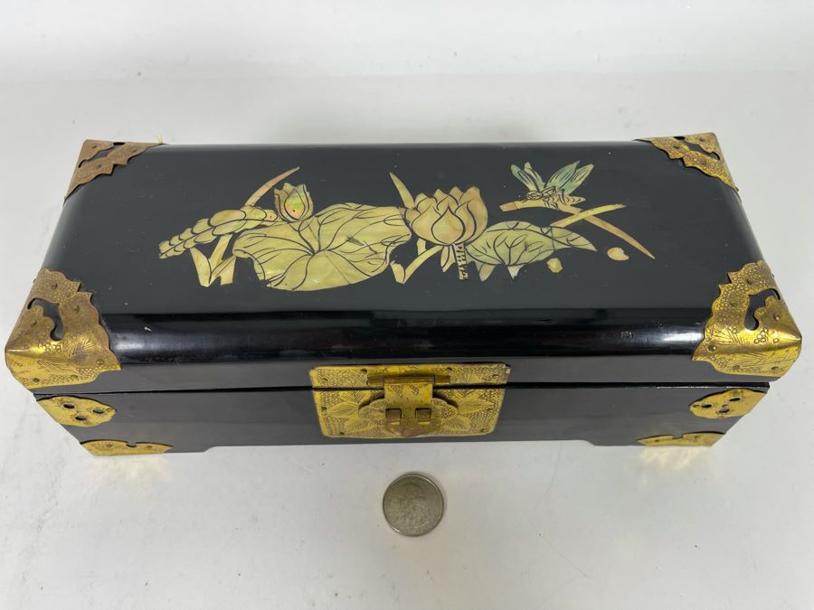Vintage Chinese Lacquer Mother Of Pearl Inlay Jewelry Box With Brass Accents 10W X 4D X 3.5H [Photo 3]