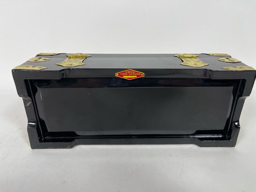 Vintage Chinese Lacquer Mother Of Pearl Inlay Jewelry Box With Brass Accents 10W X 4D X 3.5H [Photo 11]