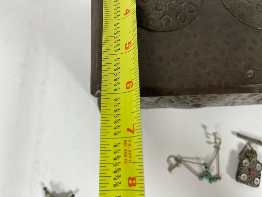 Vintage Metal Box 10 X 6 X 3.5 With Some Jewelry: Sterling Turquoise Pin,  Sterling Turquoise Earrings And Mini Filigree Perfume Bottle Pin [Photo 14]