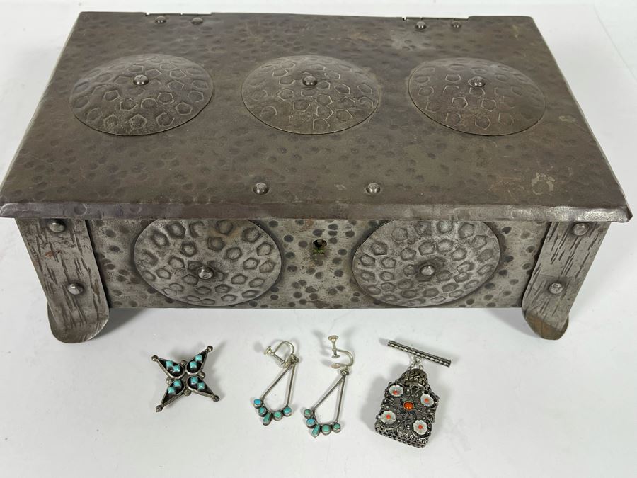 Vintage Metal Box 10 X 6 X 3.5 With Some Jewelry: Sterling Turquoise Pin,  Sterling Turquoise Earrings And Mini Filigree Perfume Bottle Pin [Photo 2]