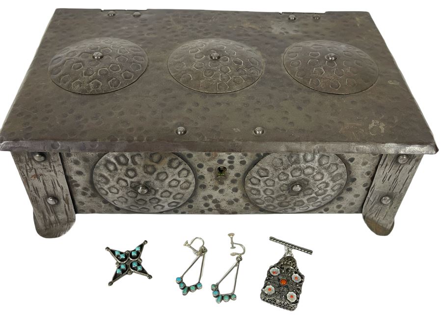 Vintage Metal Box 10 X 6 X 3.5 With Some Jewelry: Sterling Turquoise Pin,  Sterling Turquoise Earrings And Mini Filigree Perfume Bottle Pin