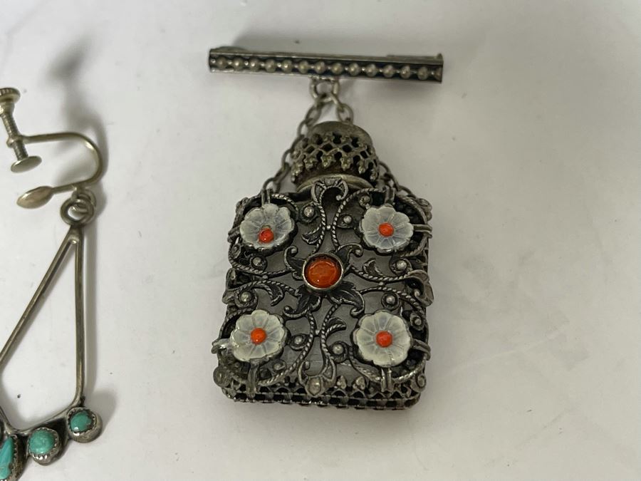 Vintage Metal Box 10 X 6 X 3.5 With Some Jewelry: Sterling Turquoise Pin,  Sterling Turquoise Earrings And Mini Filigree Perfume Bottle Pin [Photo 5]