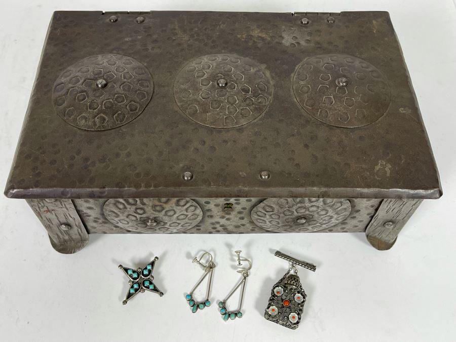 Vintage Metal Box 10 X 6 X 3.5 With Some Jewelry: Sterling Turquoise Pin,  Sterling Turquoise Earrings And Mini Filigree Perfume Bottle Pin [Photo 3]