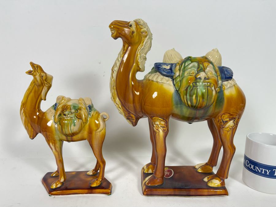 Pair Of Vintage Chinese Tang Sancai Glazed Ceramic Camels 9H And 12H [Photo 3]