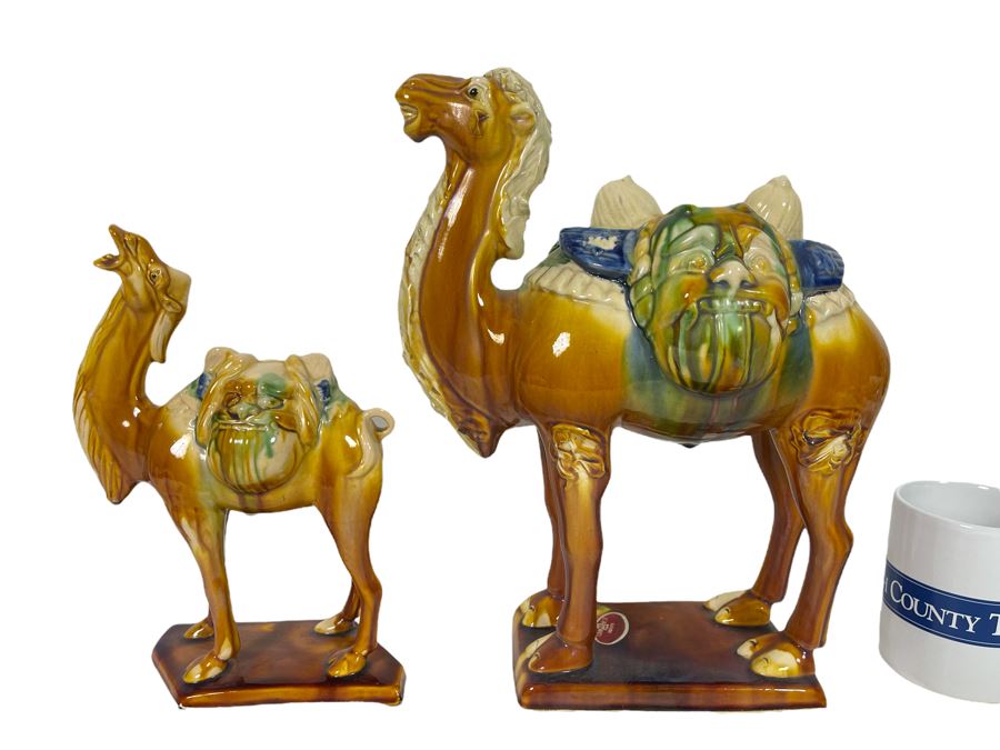 Pair Of Vintage Chinese Tang Sancai Glazed Ceramic Camels 9H And 12H [Photo 1]