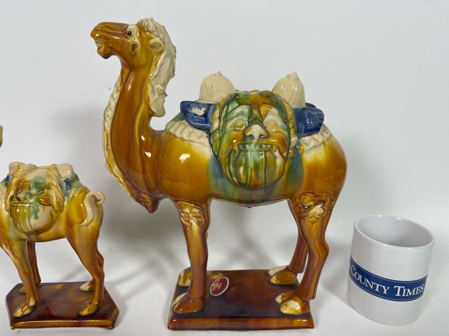 Pair Of Vintage Chinese Tang Sancai Glazed Ceramic Camels 9H And 12H [Photo 4]