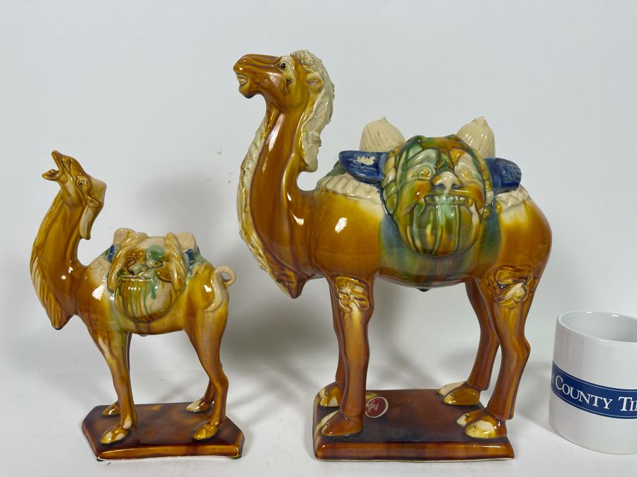 Pair Of Vintage Chinese Tang Sancai Glazed Ceramic Camels 9H And 12H [Photo 2]