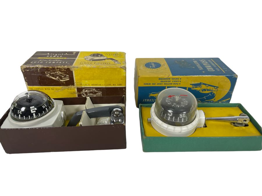 Pair Of Vintage Automobile Compasses With Original Boxes Airguide Nomad No 79 Deluxe And Taylor Navigator Compass No 2957 [Photo 1]